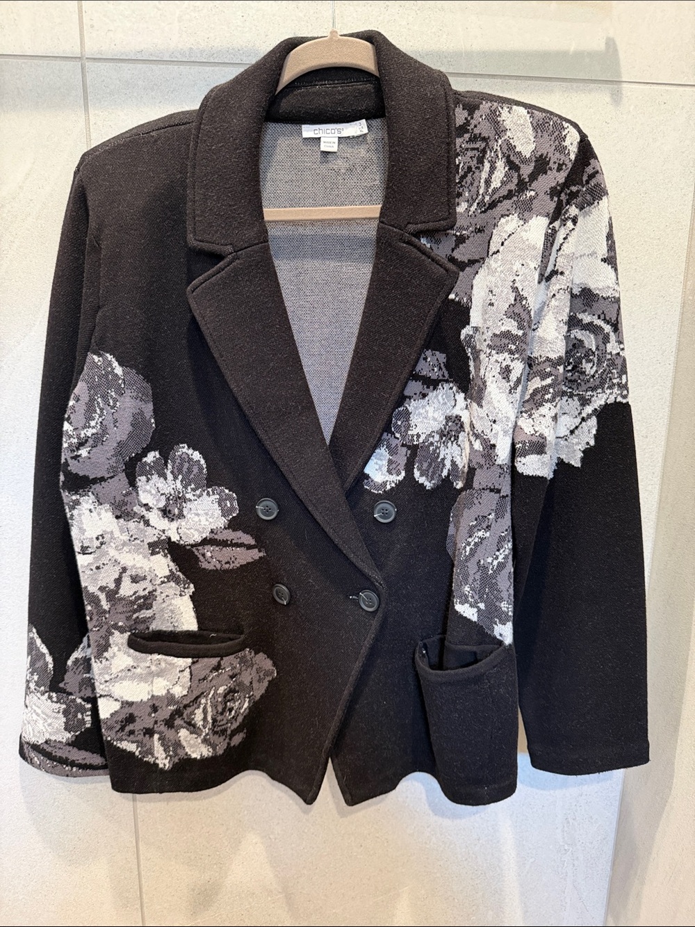 Chico's Black Floral Double-Breasted Knit Blazer Jacket